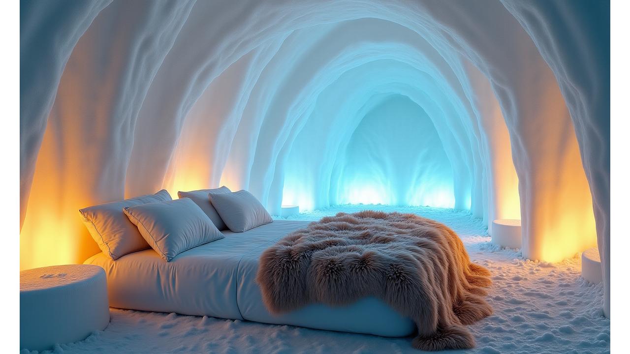 Suite d'hôtel de glace avec sculptures raffinées et éclairage ambiant