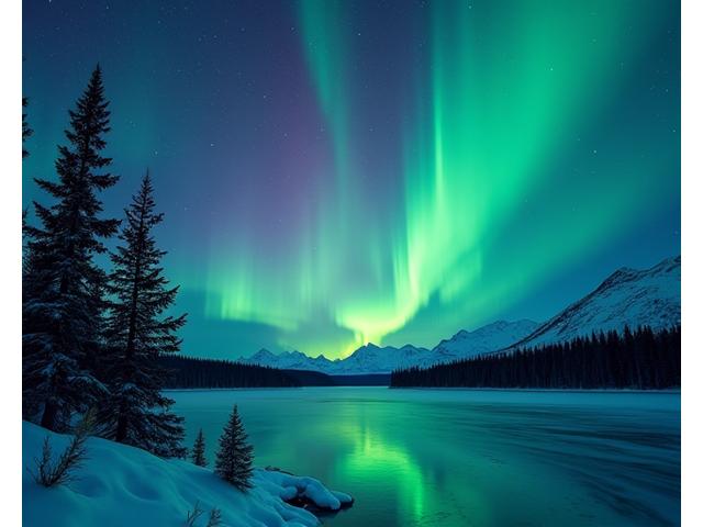 Aurores boréales vertes au-dessus d'un paysage enneigé