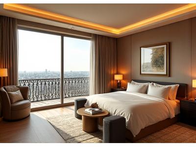Expérience immersive à 360 degrés d'une suite d'hôtel luxueuse, avec une interface de navigation minimaliste.