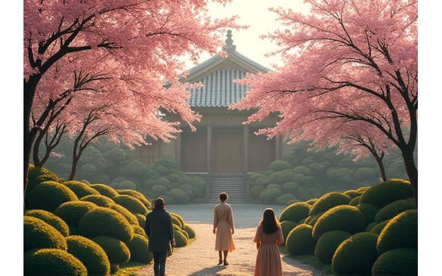 Jardin zen paisible à Kyoto avec un couple observant les cerisiers en fleurs, représentant un voyage culturel et de luxe